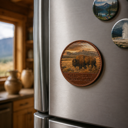 Yellowstone bison collectible magnet on refrigerator
