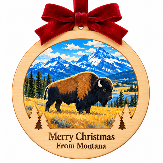 Yellowstone Bison Light-Up Ornament in locked pale wood frame with red bow, paired evergreen cutouts, and engraved Merry Christmas From Montana plaque