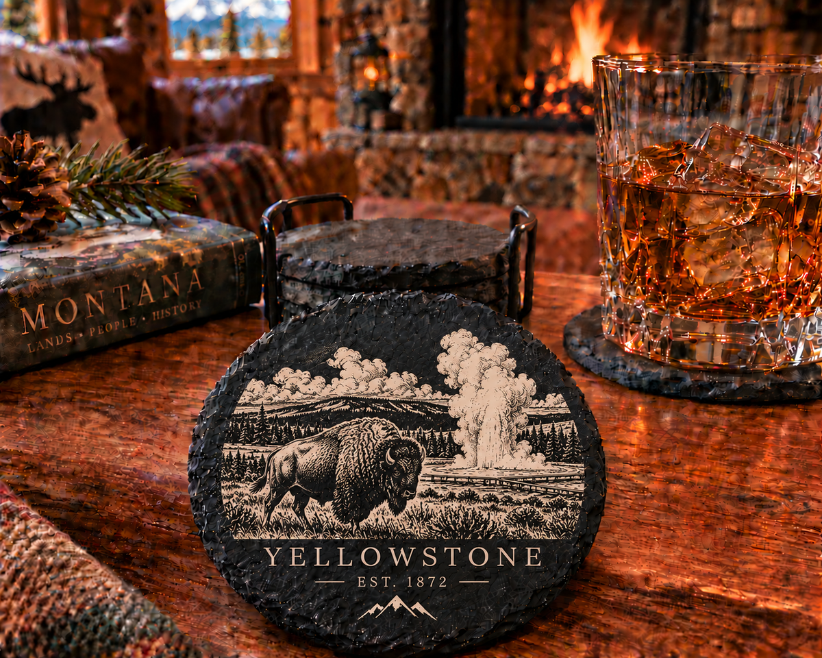 Yellowstone Bison and Old Faithful engraved black slate coaster lodge lifestyle