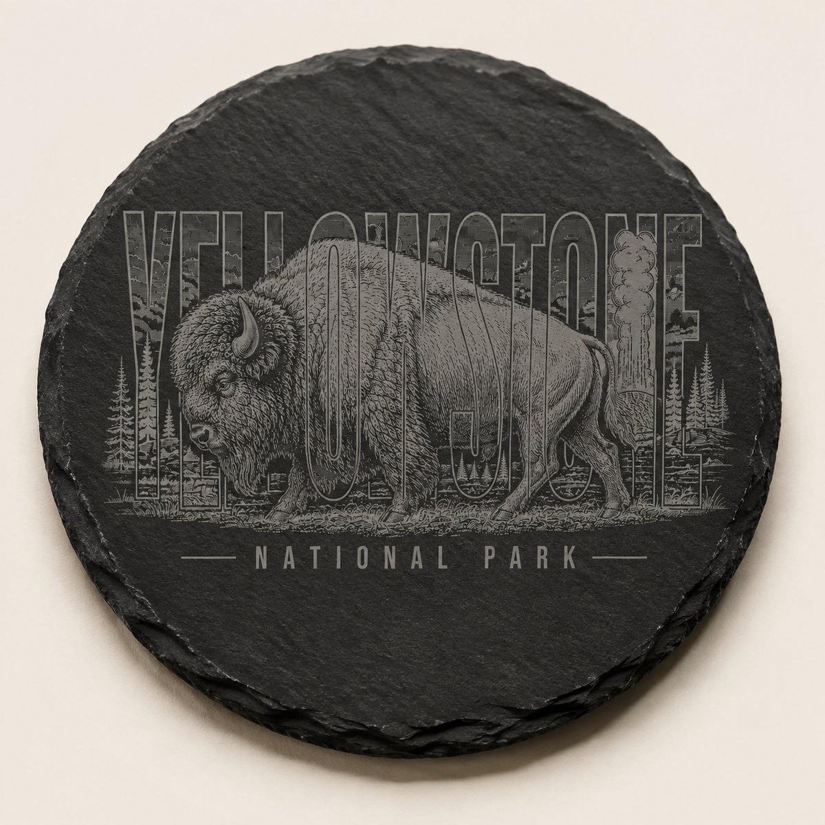 Yellowstone National Park Bison round slate coaster, clean studio product image