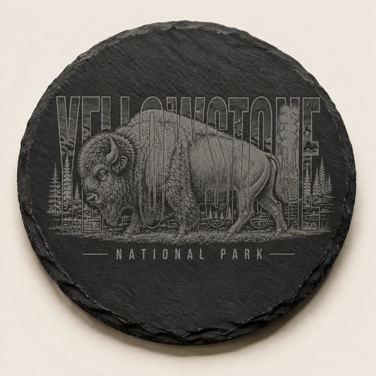 Yellowstone National Park Bison round slate coaster, clean studio product image
