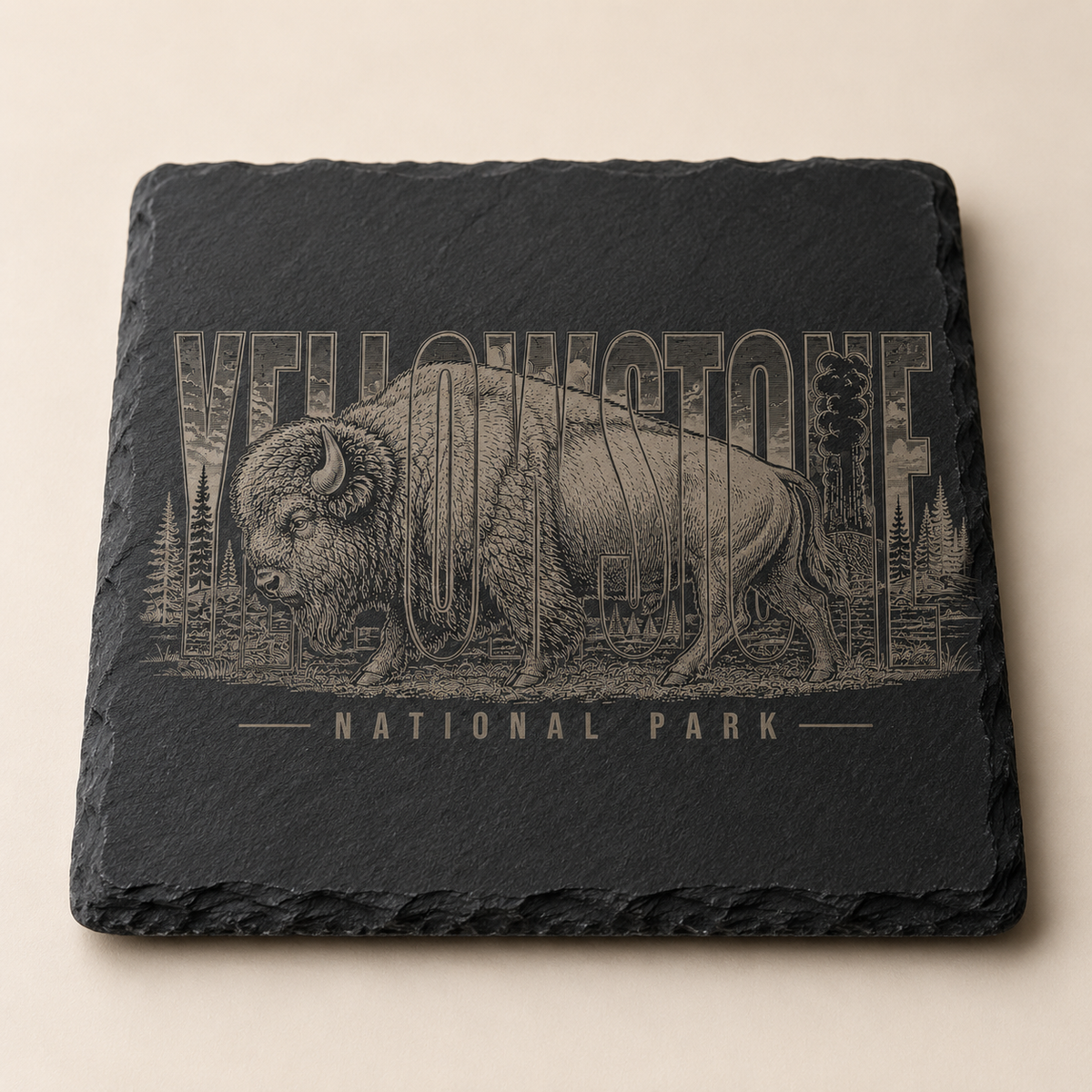 Yellowstone National Park Bison square slate coaster, clean studio product image