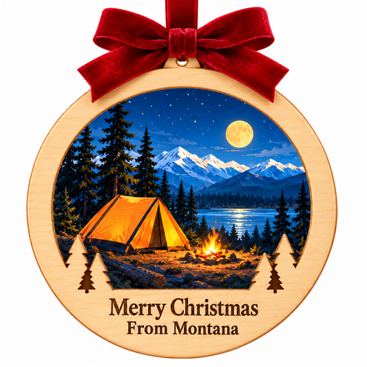 Yellowstone Camping Light-Up Ornament with locked pale wood frame, red bow, evergreen cutouts, and Merry Christmas From Montana plaque