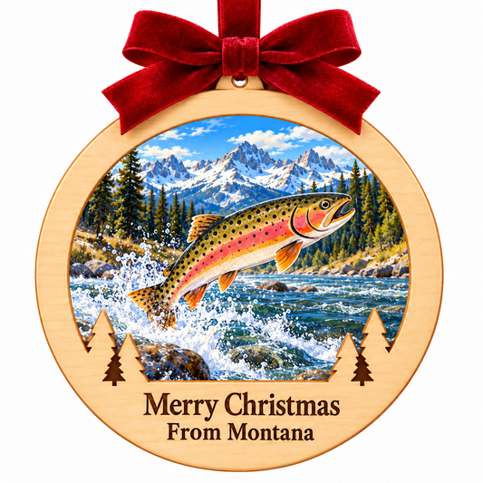 Yellowstone Cutthroat Trout Light-Up Ornament with locked pale wood frame, red bow, evergreen cutouts, and Merry Christmas From Montana plaque
