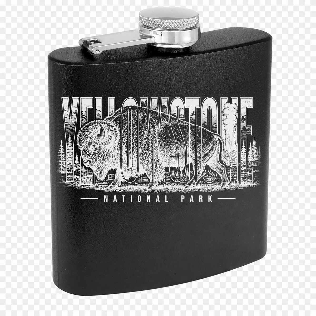 Yellowstone black powder-coated flask with original Yellowstone bison artwork