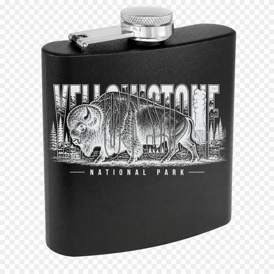 Yellowstone black powder-coated flask with original Yellowstone bison artwork