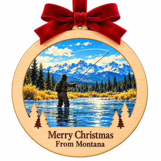 Yellowstone Fly Fisherman Light-Up Ornament with locked pale wood frame, red bow, evergreen cutouts, and Merry Christmas From Montana plaque
