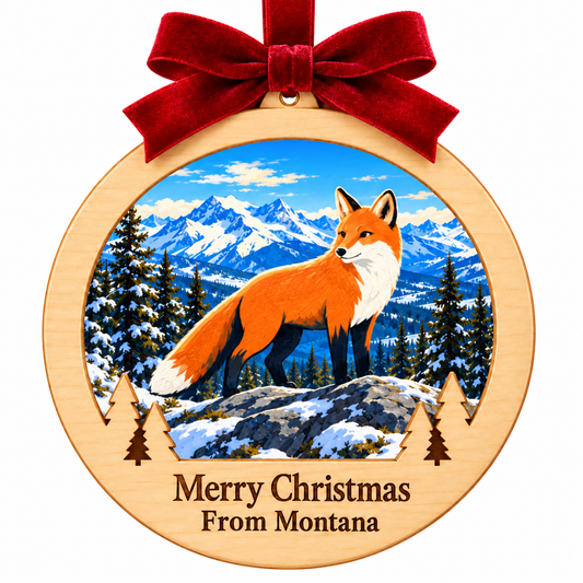 Yellowstone Fox Light-Up Ornament in the locked wood frame with red bow and Merry Christmas From Montana plaque