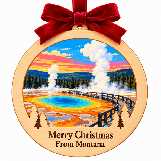 Yellowstone Geyser Basin Light-Up Ornament in the locked wood frame with red bow and Merry Christmas From Montana plaque
