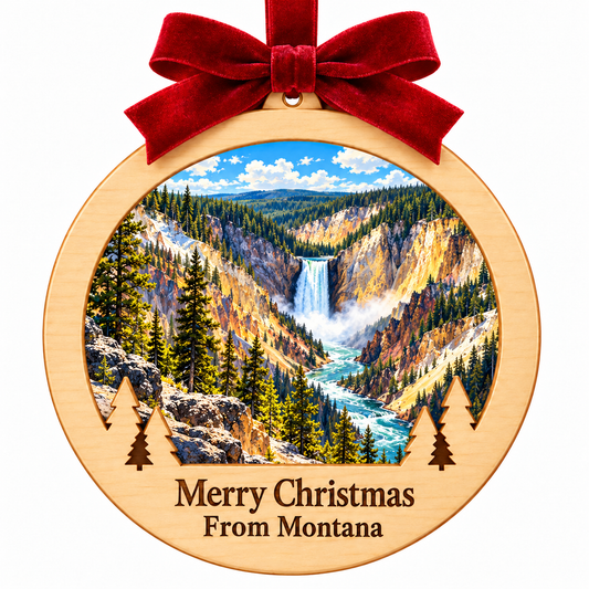 Yellowstone Grand Canyon Light-Up Ornament in the locked wood frame with red bow and Merry Christmas From Montana plaque