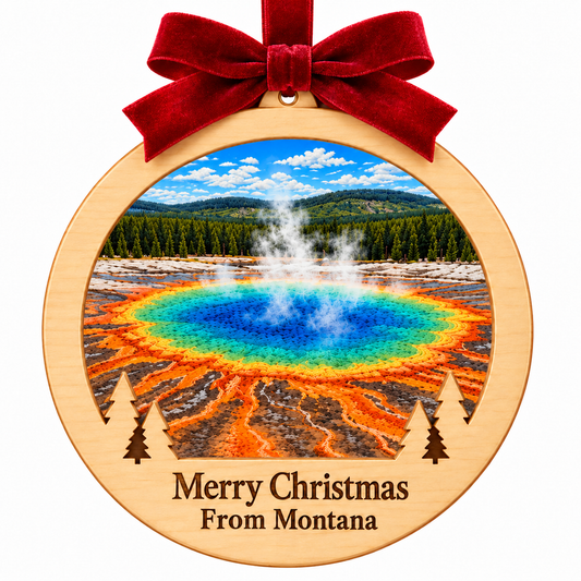 Yellowstone Grand Prismatic Light-Up Ornament in the locked wood frame with red bow and Merry Christmas From Montana plaque