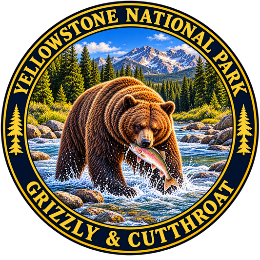 Round Yellowstone grizzly and cutthroat trout design