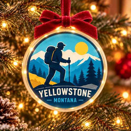 Yellowstone Hiking Light-Up Ornament with a clear acrylic disc, narrow pale wood rim, and burgundy bow