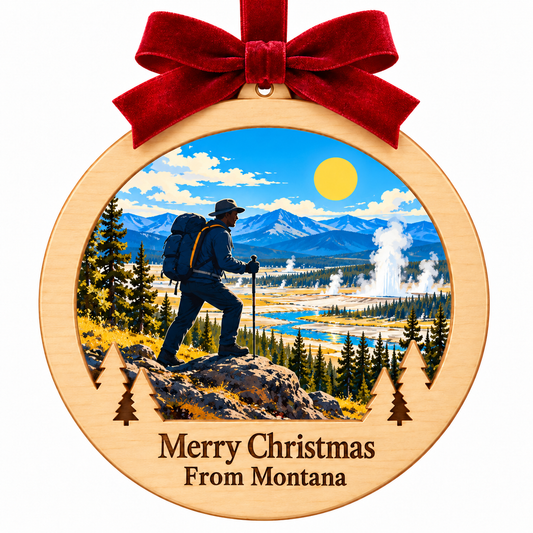 Yellowstone Hiking Light-Up Ornament in locked pale wood frame with red bow, paired evergreen cutouts, and engraved Merry Christmas From Montana plaque