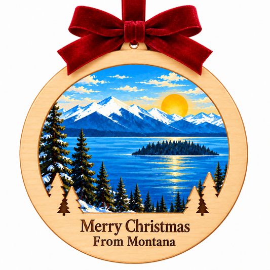 Yellowstone Lake Light-Up Ornament in the locked wood frame, with red bow and engraved Merry Christmas From Montana plaque