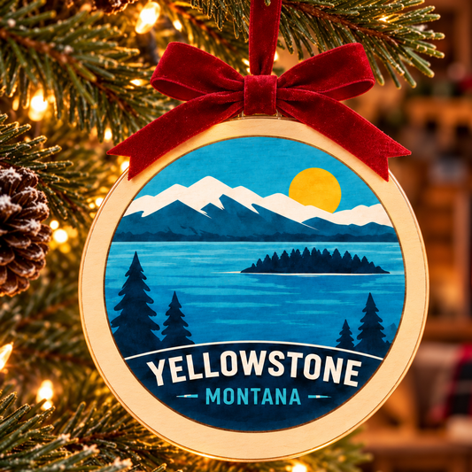 Yellowstone Lake light-up ornament displayed on a Christmas tree — lifestyle mockup