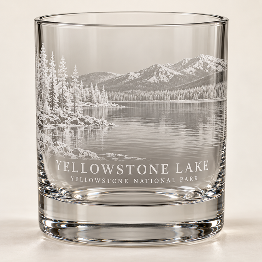 Yellowstone Lake engraved rocks glass — product mockup