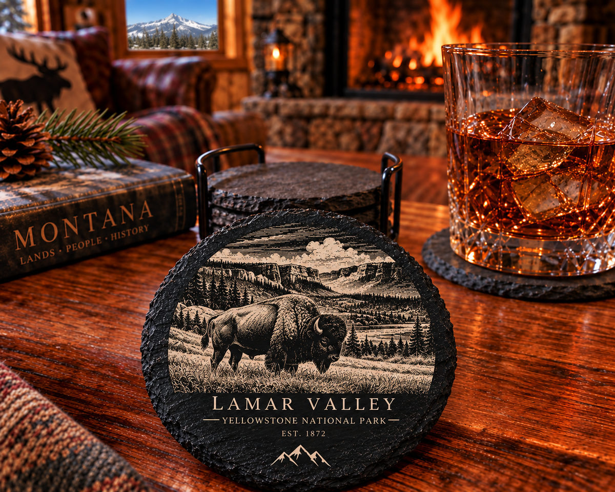 Lamar Valley Yellowstone bison engraved black slate coaster lodge lifestyle