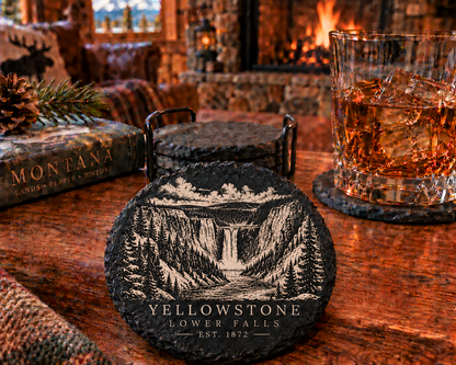 Yellowstone Lower Falls engraved black slate coaster lodge lifestyle