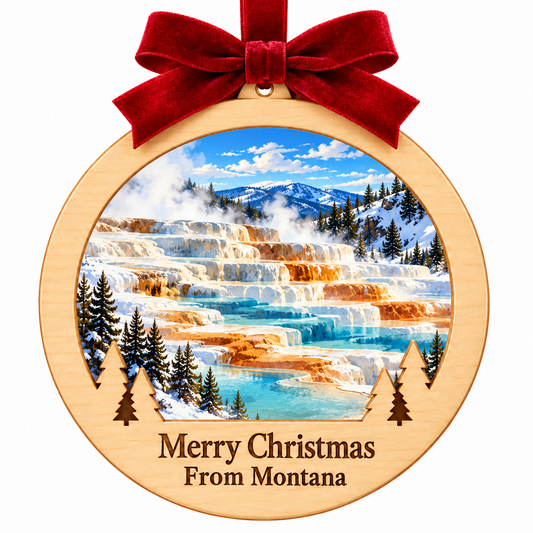 Yellowstone Mammoth Hot Springs Light-Up Ornament with locked wood frame and Merry Christmas From Montana plaque