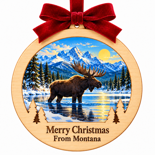 Yellowstone Moose Light-Up Ornament with the locked wood frame and Merry Christmas From Montana plaque