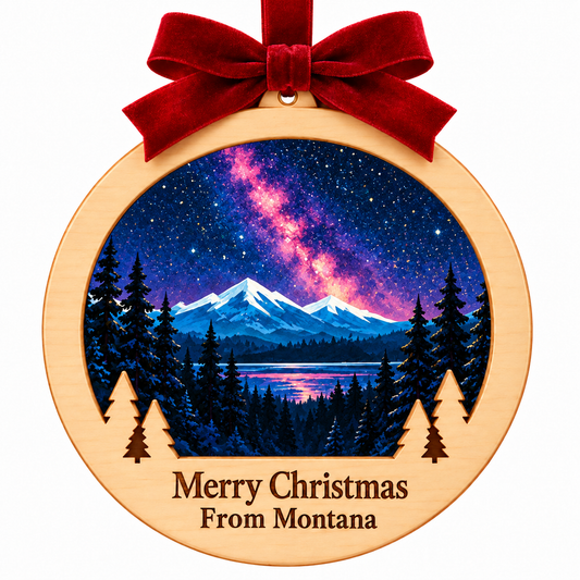 Yellowstone Night Sky Light-Up Ornament with the locked wood frame and Merry Christmas From Montana plaque