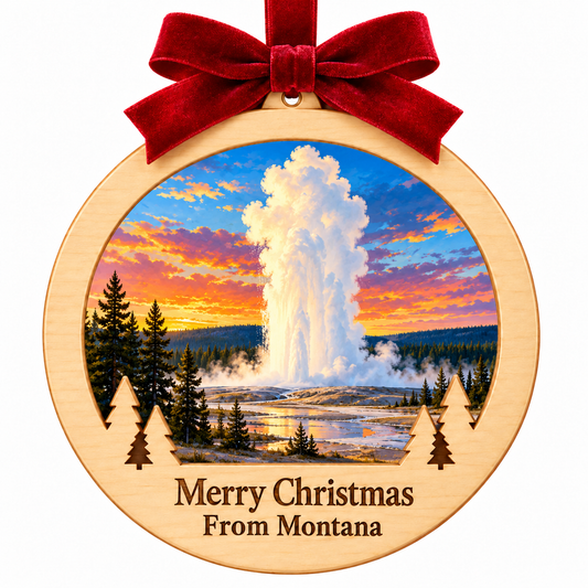 Yellowstone Old Faithful Light-Up Ornament in locked wood frame with red bow and engraved Merry Christmas From Montana plaque