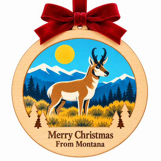 Yellowstone pronghorn ornament in the approved pale wood frame with red bow, evergreen trees, and Merry Christmas From Montana plaque