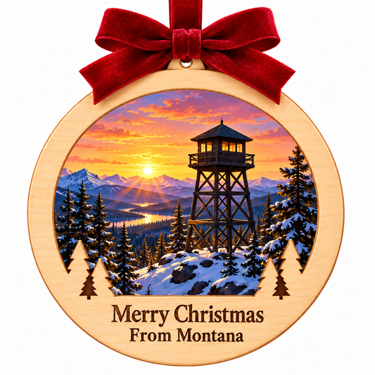 Yellowstone Ranger Tower Light-Up Ornament in locked wood frame with red bow and engraved Merry Christmas From Montana plaque