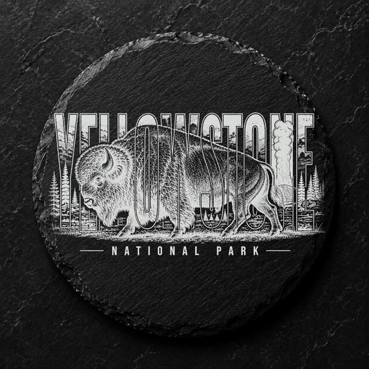 Full-face Yellowstone bison artwork on a four-inch round slate coaster