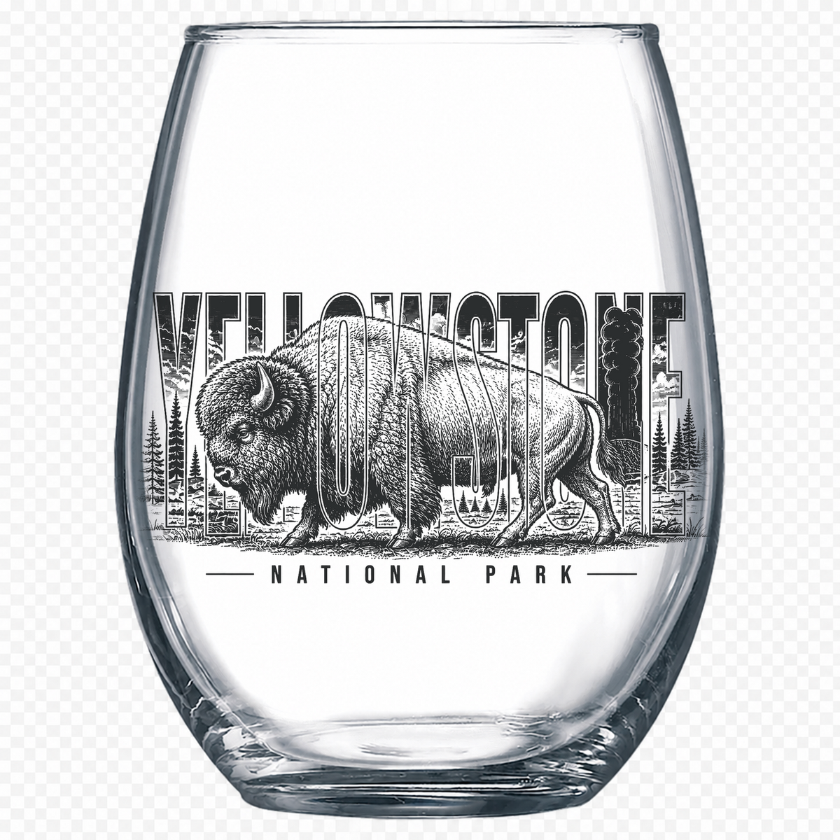 Yellowstone National Park bison engraved 15 oz stemless wine glass
