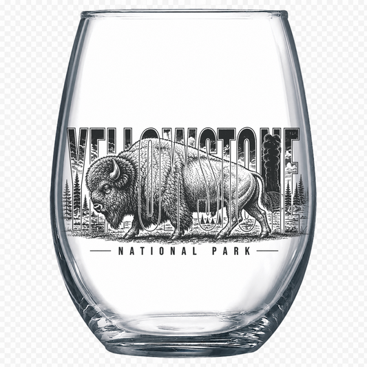 Yellowstone National Park bison engraved 15 oz stemless wine glass
