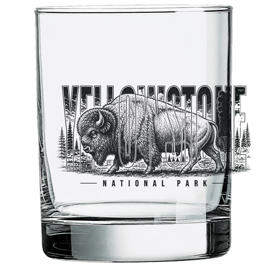 Yellowstone National Park bison engraved heavy-base whiskey glass