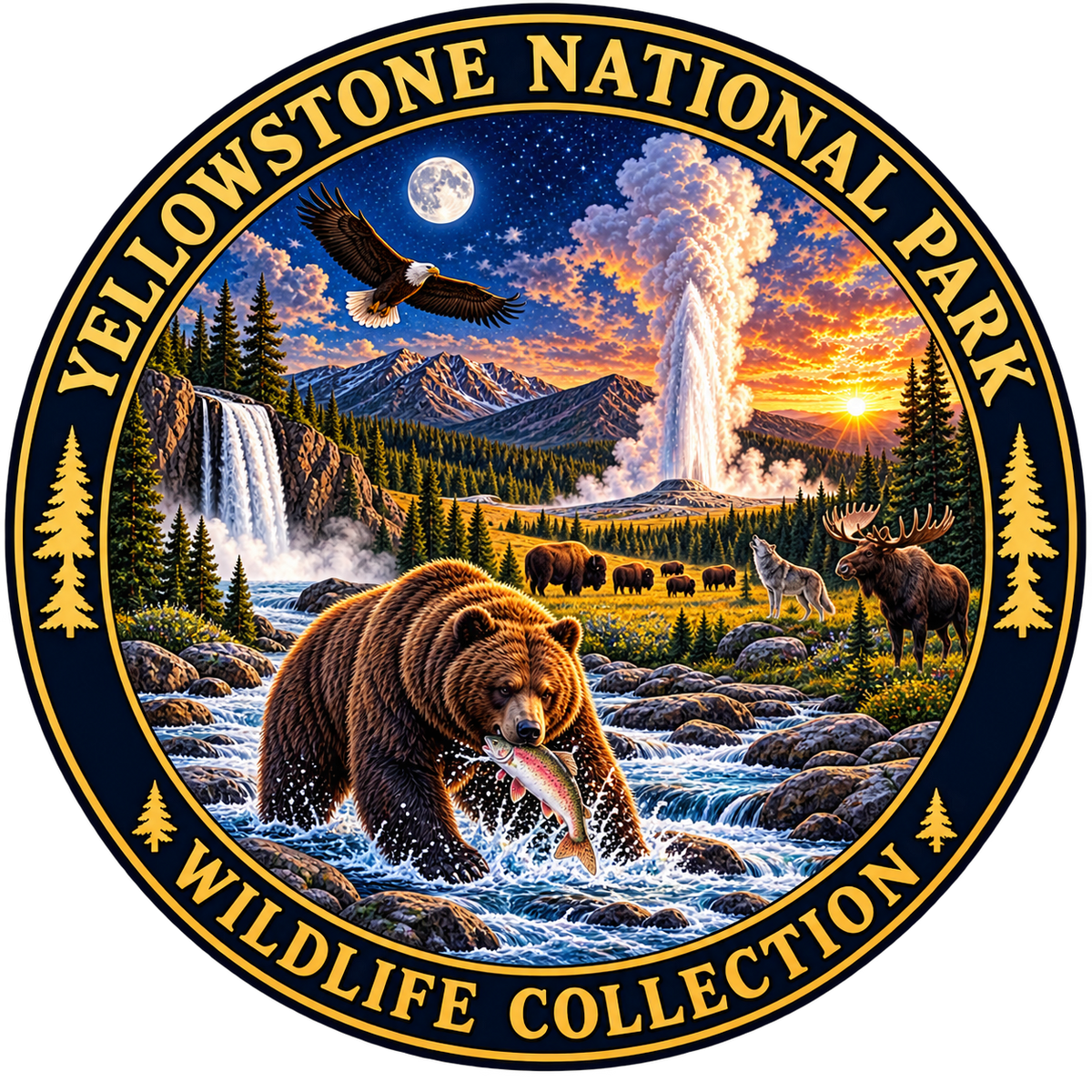 Yellowstone Wildlife Collection: grizzly catching cutthroat trout with bison, moose, wolf, eagle, Old Faithful and waterfall
