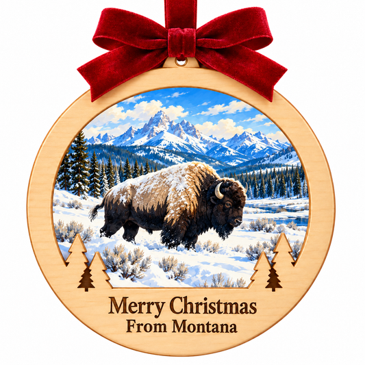 Yellowstone Winter Bison Light-Up Ornament in the locked wood frame with red bow and engraved Merry Christmas From Montana plaque