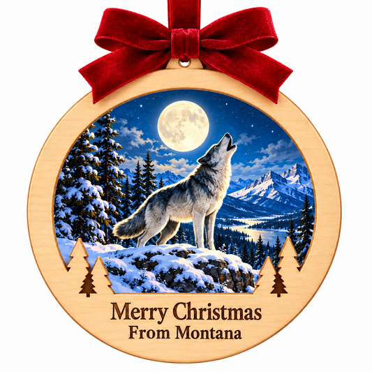 Yellowstone Wolf Light-Up Ornament in the locked wood frame with red bow and engraved Merry Christmas From Montana plaque