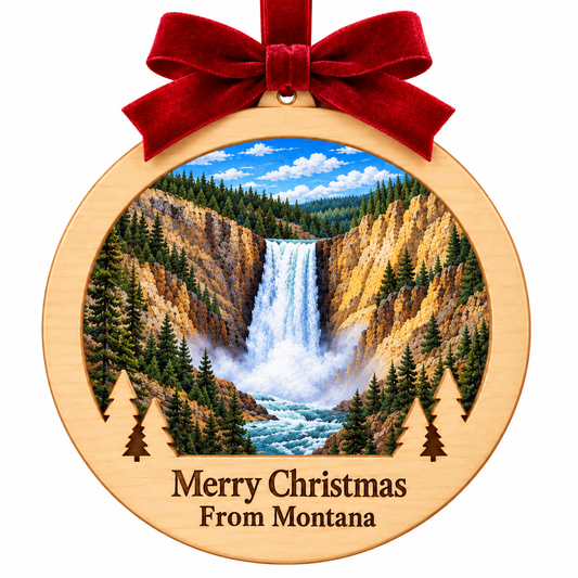 Yellowstone Falls Light-Up Ornament with locked wood frame, red bow, and Merry Christmas From Montana plaque