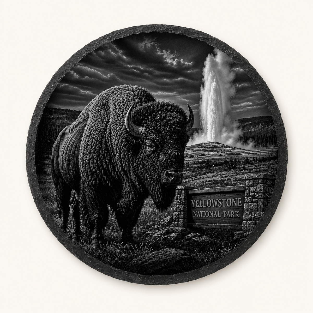 Bison and Old Faithful — full-face engraved black slate coaster