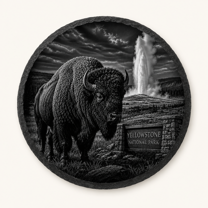 Bison and Old Faithful — full-face engraved black slate coaster