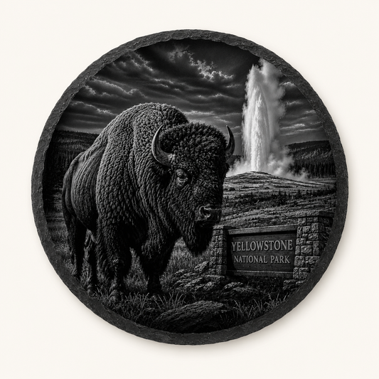 Bison and Old Faithful — full-face engraved black slate coaster