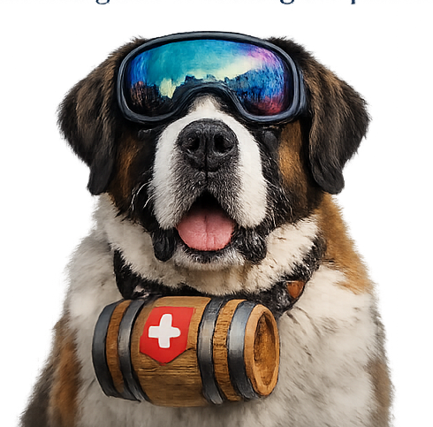 Scout, a St. Bernard wearing mountain goggles and a rescue barrel